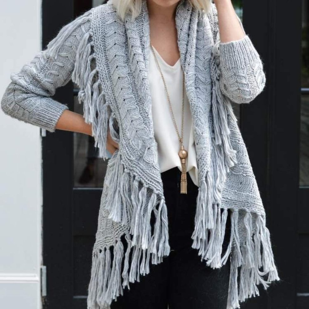 BB Dakota Karli Fringe Shawl Collar Cardigan in Light Heather Grey - Size Small
